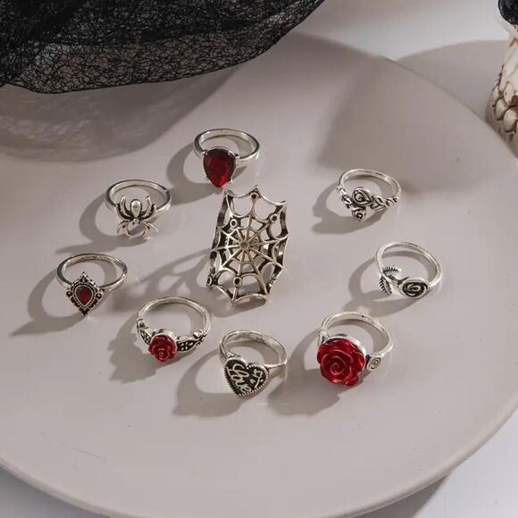 NEW 9pcs Gothic Punk Ring Set – Spider, Red Rose, Heart, Goth jewelry - Picture 2 of 3